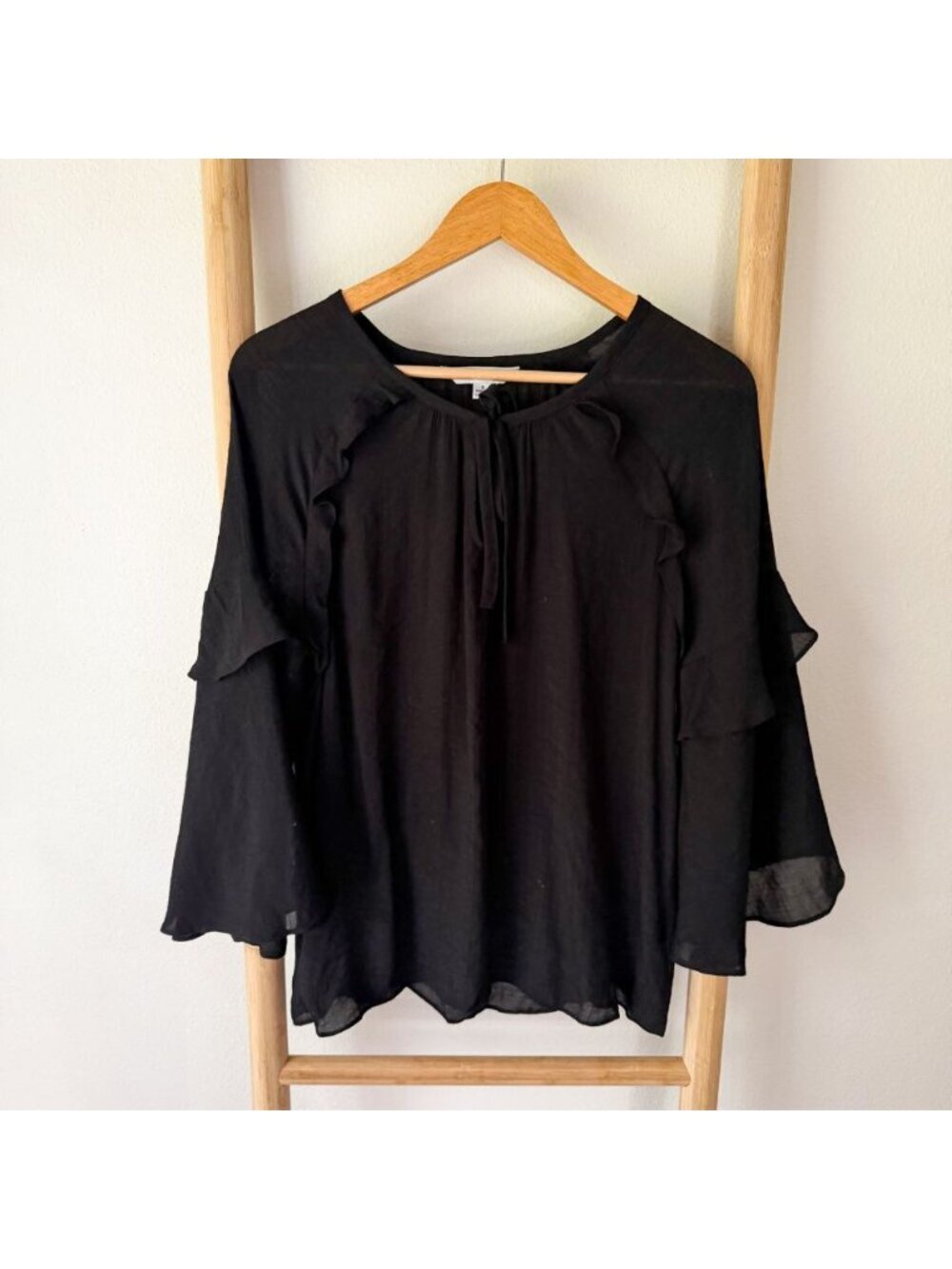 Counterparts Black Sheer Ruffle Sleeve Blouse Tie Neck Top Women’s Small